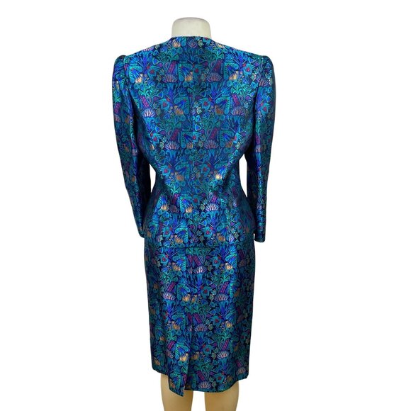 Vintage Guy Laroche Turquoise Satin Skirt & Jacket Set With Floral Print  Sz W14 - Picture 3 of 13